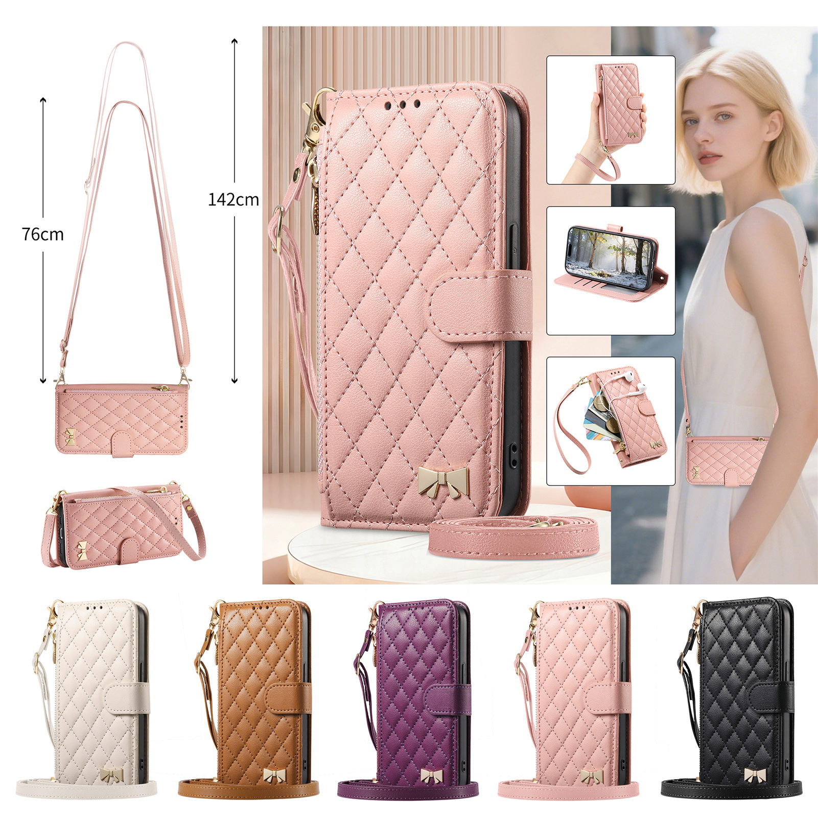 Leather Card Wallet - PU Leather Zipper Crossbody Flip Wallet