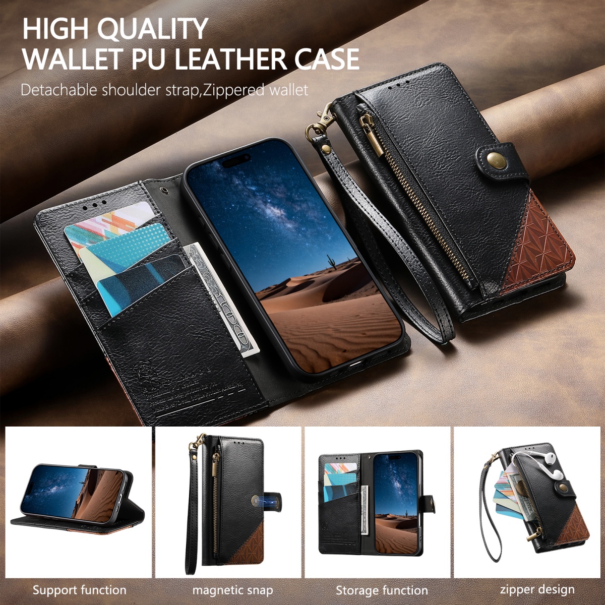 PU Leather Zipper Wrist Strap  - Leather Card Wallet 리뷰 및 가격